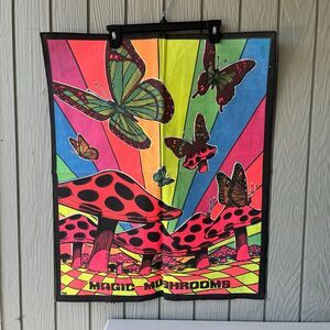 VTG 1960s Neon Magic Mushrooms Tapestry TEO Mark Blacklight Psychedelic Art